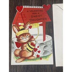Vtg Rust Craft Valentine Greeting Card Flocked Bunny Daughter 50s Made in USA